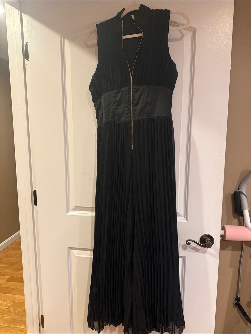 Black Pleated Sleeveless palazzo jumpsuit with Gold Zip Front